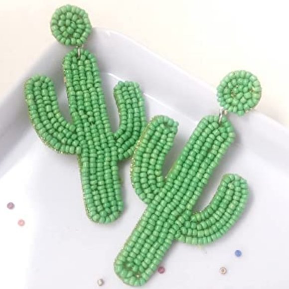 Long 3" Cactus Cute Handmade Large Green Cacti Beaded Post Earrings Beads New - Picture 2 of 3